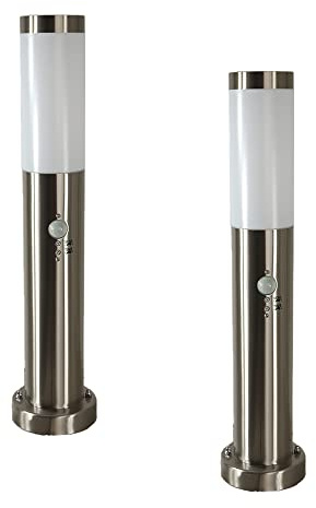 Dapo Außen-Garten-Sockel-Leuchte OSLO mit Bewegungsmelder Edelstahl Kunststoff-Schirm weiß E27 H: 50cm Wege-Stand-Lampe (2er Set mit Sensor)
