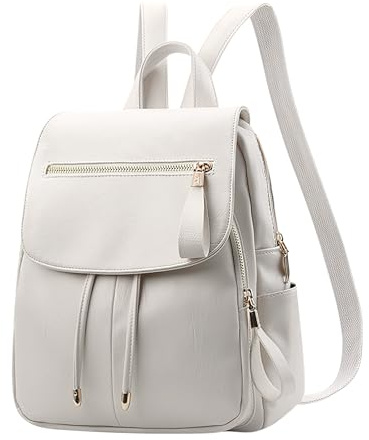 DIRRONA Damenrucksack, Diebstahlsicher, PU-Leder, Leicht, Klein bis Mittelgroß für Alltag, Büro und Stadt Zartes Elfenbeinweiß