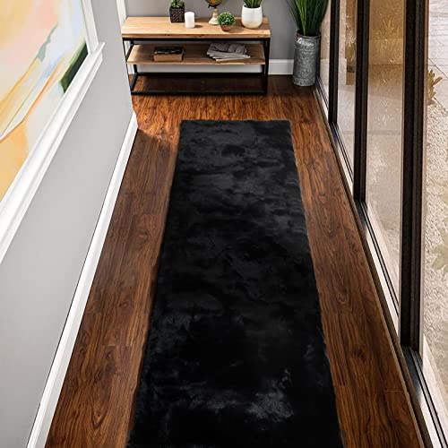 ORINOVA Teppich Flauschig Läufer Schwarz 60x240 cm Teppich Schlafzimmer Wohnzimmer Weich Waschbar Fellteppich Kunstfell Rechteckig