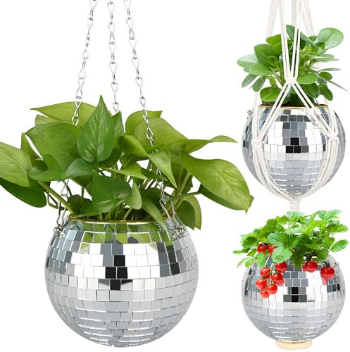 FGBNM Pot de Fleurs Disco de 15,2 cm avec Corde de Suspension, chaîne de Suspension, Crochet, Cercle et pièces de Miroir supplémentaires (15,2 cm, argenté, 1 pièce)