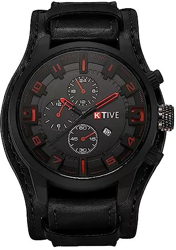 MINILUJIA Big Face Round Dial Men Cool Watches Vintage Retro Steampunk Rock Wide Leather Strap Watch Fashion Cuff Sport Watch Quartz Calendar Wristwatch (Black)