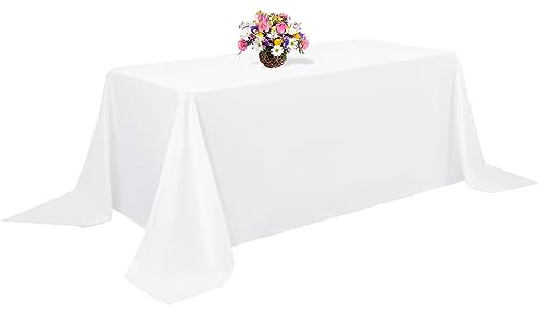 1 Packung weiße Polyester-Tischdecke für 2,4 m große rechteckige Tische, 228 x 396 cm Polyester-Stoff-Tischdecke, knitterfrei, waschbar, für Hochzeit, Geburtstag, Party, Bankette, Dekoration