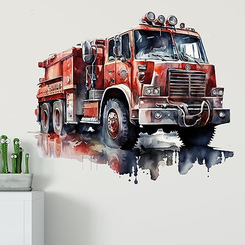 GRAZDesign Wandtattoo Feuerwehr Kinderzimmer Junge, Wand Aufkleber Tattoo Kinder Auto, Feuerwehrauto Wandaufkleber für Jungenzimmer & Teenager 59x50cm