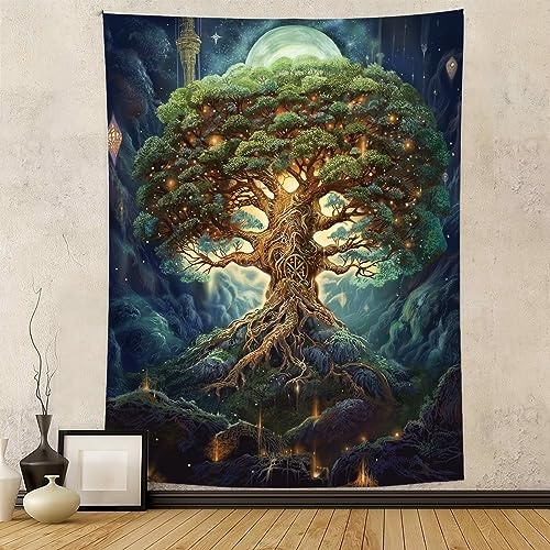 Tapzen Wandteppich Baum des Lebens für Schlafzimmer, ästhetisch, Mond, Stern, Galaxie, Wald, Natur, Wandbehang, Boho-Pflanze, vertikal, für Wohnzimmer, Wohnheim (228,6 x 177,8 cm)