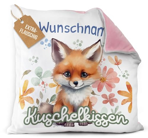 Print Royal PR Flauschiges Kuschel-Kissen für Kinder mit Füllung mit Name selbst gestalten - Fuchs Kissen für Mädchen und Jungs, Kinderkissen mit Name | 40 x 40 cm, Rückseite Rosa Flauschig
