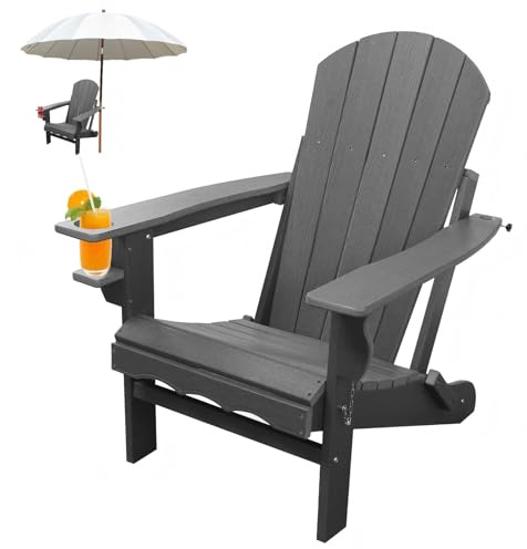 CLOUDEEP Feuerstelle Stühle, HDPE Klappstühle Adirondack Wetterbeständig, Zusammengesetzter Faltbarer Adirondack Terrassenstuhl mit Getränkehalter und Schirmloch, Grau