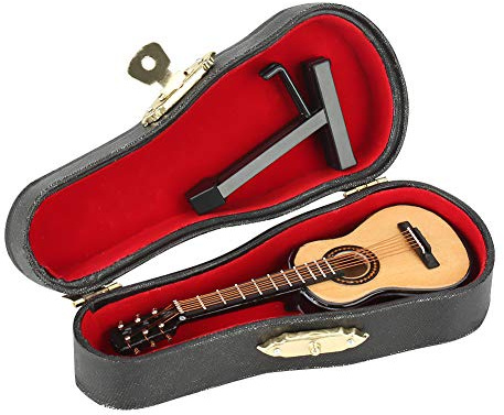 Septpenta Mini Gitarrenspielzeug, 4, 7 X 2 X 1, 2 Zoll Große Miniatur e Gitarre Aus Holz mit Ständer und Koffer, Tragbare Elektronische Schwarze Gitarre, Musikinstrumentenspielzeug