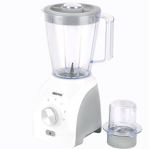 Geepas 600W 2 in 1 Food Jug Blender, 1.8L Jar & 60G Mini Coffee Spice Mill | 6 Pcs Stainless-Steel Blades with 3 Speed & Pulse Option | Turbo Button for Ice Crushing, Overheat Protection, White