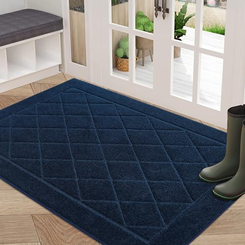BEQHAUSE Dirt Trapper Door Mat 32 x 48, Doormat Non-Slip Entryway Rugs Washable, Dog Door Mat Stain Resistant and Absorbent Welcome Floor Mat for Front Back Door, Mud Wet Shoes & Paws, Navy Blue