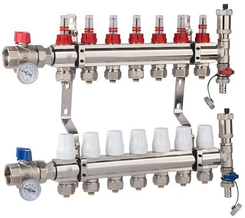 AQUA HEATING Heizkreisverteiler 7 Heizkreise, Messing verchromt, 10 Bar | Verteiler Set für Fußbodenheizung, gerades Ventil, PEX Verbinder, Messing verchromt, Fußbodenheizung Set