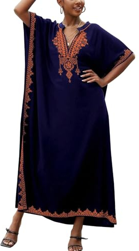 L-Peach kvinnor broderi kaftan maxi strandklänning myskläder hemmakläder överdimensionerade täckkläder, B1 Mörkblå, one size