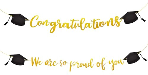 EUPSIIU Gratulation Banner We Are so Proud of You Girlande, Prüfung Bestanden Hängende Deko mit Graduation Hut Gold Graduierung Wanddeko, für Abschlussfeiern Abschlussparty Foto Hintergrund (Gold)