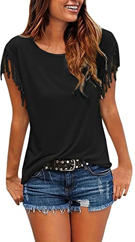 DeaAmyGline T Shirt Damen Kurzarm mit Fransen Oberteile Sommer Bluse Slim Fit Western Mode Tunika Top Einfarbige Boho Tshirt Strand Urlaub T-Shirts Blusen & Tuniken für Frauen Teenager Mädchen