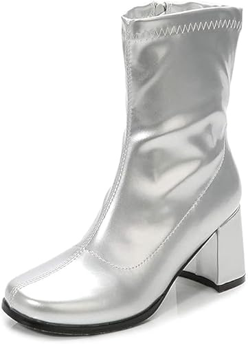 Women's Go Go Boots Mid Calf Block Heel Zipper Boot Ankle Boots Low Block Heel Short Boots Shoes (Silver Patent, numeric_6)