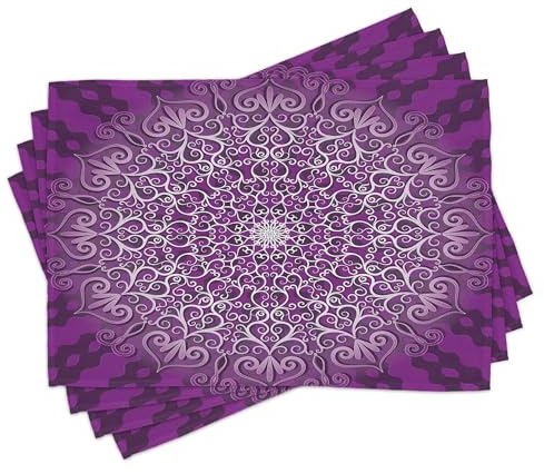 ABAKUHAUS lila Mandala Platzmatten 8 Stück, Runder stilisierter tibetanischer heilender Kosmos geistiges Yoga-Wachstums-Tätowierungs-Bild, Waschbare Stoff Esszimmer Küche Tischdekorations, Violett