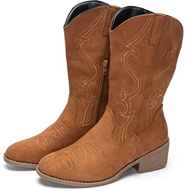 Ophestin Womens Western Cowboy Boots Low Chunky Pointed Toe Embroidery Wide Calf Cowgirl Boots Suede Brown 5UK