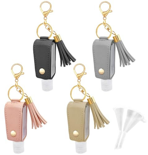 WATUNID 4Pcs Hand Sanitizer Holder Keychain, 30ml Portable Refillable Hand Sanitizer Bottles with 1Pcs Funnel, Travel Empty Bottle Keychain for Lotion Liquid Soap Shampoo(Black/Grey/Pink/Khaki)