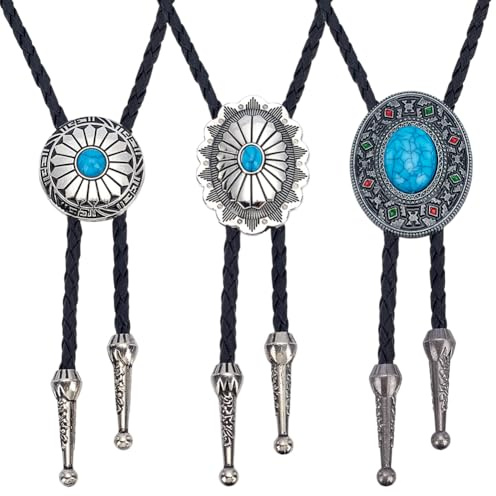 WEBEEDY 3 Stile Vintage Bolo Krawatte Blau Türkis Stein Bolo Krawatte Einstellbare Leder Geflochtene Krawatte Handgemachte Western Cowboy Krawatte Halloween Kostüm Zubehör