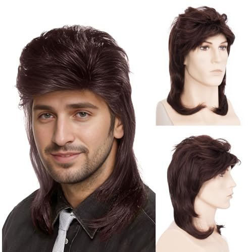 PARXITN 70er 80er Vokuhila Perücke Herren Mullet Perücke Männer Haare Beweig Rötlichbraun Cosplay Karneval Kostüm Party