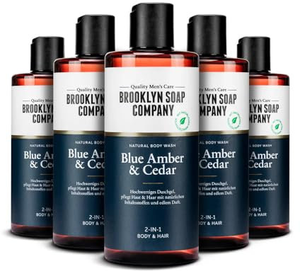 Brooklyn Soap Company Blue Amber & Cedar Body Wash 5er Pack - 2-in-1 Duschgel für Männer für Haut und Haare - Shower Gel Vorteilspack für Herren