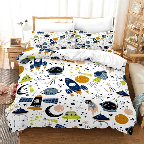 KXHHYB Weltraum Bettwäsche 135x200cm,Universum Planet Rakete Bettwäsche Set Jungen Mädchen Kinder Weiß Blau Rakete Sterne Planeten Muster mit Kissenbezug 50x75cm (A, 135x200cm)