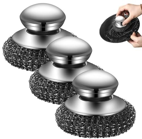 2025 New Stainless Steel Wool Scrubber with Handle,Household Cleaning Balls,Heavy Duty Wool Scrubber Detachable Metal Steel Scrubber Pads for Cleaning Dishes, Iron Pots, Stoves, Wash Sink (3)