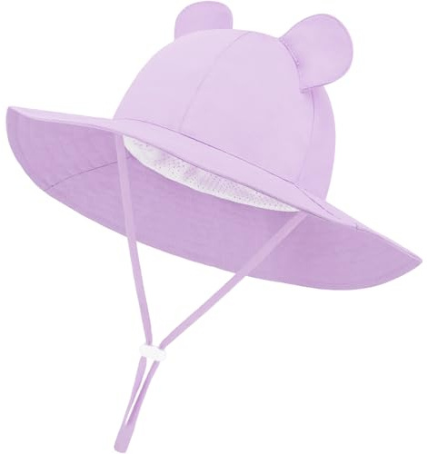 DRESHOW Baby Solhatt Småbarn Solskydd Strandmössa med Björnöron Unisex Sommarhatt med Hakrem UPF 50+