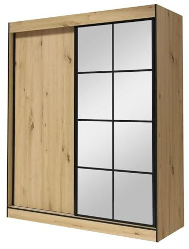 FurnitureByJDM Armoire Chambre avec Miroir - Armoire Porte Coulissante avec Penderie & 5 Étagères - 180 cm Largeur - 4 Portes – Oslo II (Chêne Artisan/Noir)