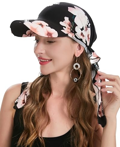 ZLYC Bandeau Chimio pour Femme avec visière à visière pré-nouée et légère, Motif Floral Noir., Taille Unique