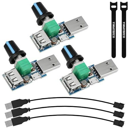 YIMATEECO USB Lüfter Drehzahlregler 3 Stü, DC 5V Stufenloser Lüftergeschwindigkeitsregler Steuerknopfschalter Fan Controller mit USB auf 4-Pin CPU-Lüfter Adapterkabel (DC 4-12V bis 2,5-7,5V, 5 W)