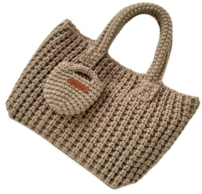 Wdbild Borse da donna, fatte a mano, all'uncinetto, in morbido filato, alla moda, con manico superiore, per viaggi casual e donne alla moda, cachi, Taglia unica