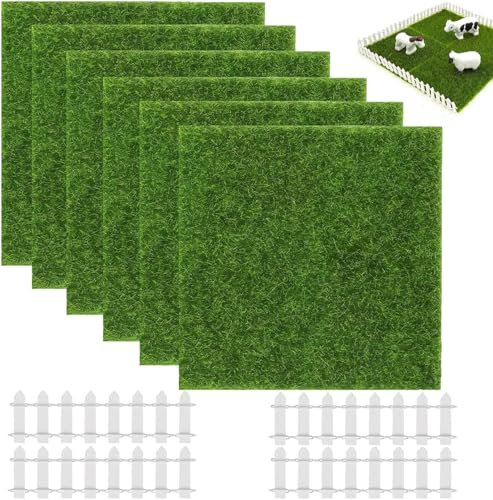 GMHLLES 6 PCS Artificial Grass Mat, Artificial Turf, Miniature Grass Mat, Lifelike Modeling for Crafts, Modeling, Dollhouses, Toy Farms, With 4 White Landscaping Fences