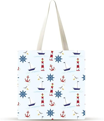 Faro velero de dibujos animados Bolsa de Lona 38x34cm Tote Bag sin Cremallera,juego de 1 Canvas Tote Bags para Mujer,Bolsa de Compras Plegable,Bolso de Mano Lavable para Compras,Vida Cotidiana,Viajes