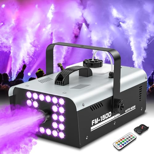 Fog Machine Halloween Outdoor Indoor, 1500W Smoke Machine Fog with 24 LEDs Strobe Lights and Remote for DJ Party Disco Stage Wedding