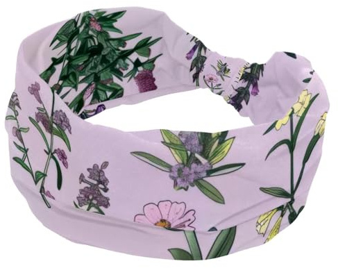 Bandeau large pour femme, extensible, épais, turban antidérapant, pour entraînement, soins de la peau, usage quotidien, herbes florales et épices sur motif lilas