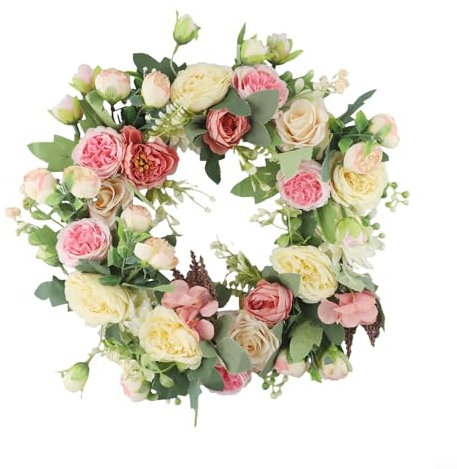 CYRENT Couronne de pivoines artificielles de 40 cm avec orchidées roses, hortensias roses blanches et fausses fleurs pour décoration murale de porte de printemps, maison, jardin