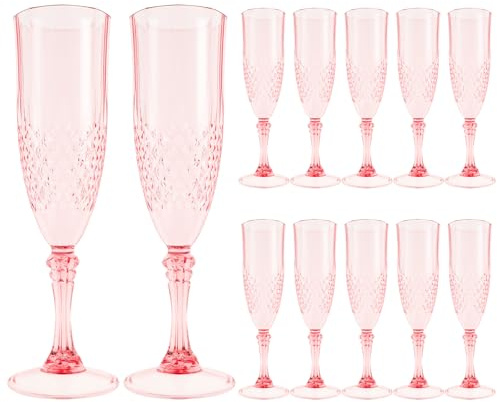 Alongen 12Pcs Plastic Champagne Flute,207ml Reusable Plastic Wine Glasses Comfortable Grip Wine Goblet Unbreakable Flat Bottom Goblet Easy to Carry for Party Picnic(Pink)