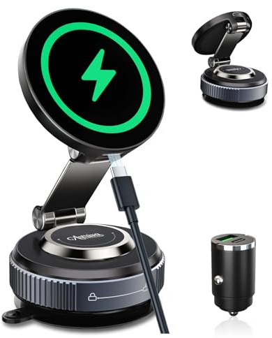 Astriva 15W Magnetische KFZ Handyhalterung mit Ladefunktion & Kabellosem Schnellladegerät, Autohalterung 360° Drehbar & Faltbar, Vakuum-Saugnapf, Kompatibel mit iPhone & Samsung, fürs Armaturenbrett