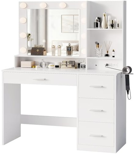 YESHOMY 39 Vanity Desk with Mirror & Lights, Makeup Vanity Table with Power Outlet & Storage Drawers, 3 Color LED Lighting, Dressing Table for Bedroom, Pure White