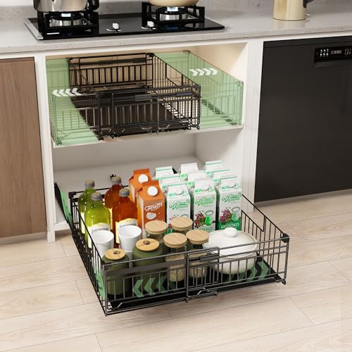 NETEL 2 Stück teleskopschublade, ausziehbare schublade küche,schubfach ohne bohren,ausziehbare schrankkörbe,küchenschubladen,ausziehbarer schrank-organizer,Schwarz,33-51W x 38D x 17H CM