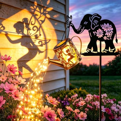 Tremdwoto Lampe Solaire Arrosoir Jardin Avec Piquet Éléphant & Papillons Fées, Fleurs, Guirlande Lumineuse Cascade Pour Terrasse Jardin - Ip65 Étanche, Cadeau Maison Anniversaire