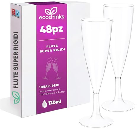 ecodrinks Set 48 Flute Plastica Dura da 120ml, Riutilizzabili, Trasparenti - Calici Infrangibili con Bordo Arrotondato Comfort-Feel - Eleganti Bicchieri per Prosecco, Champagne e Cocktail