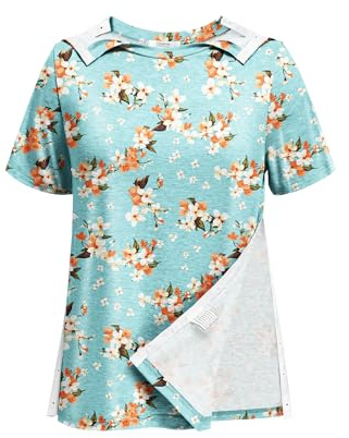Deyeek Shoulder Surgery Shirts for Women Short Sleeve Snaps on Tops After Rotator Cuff Shirts Chemo Port Adaptive Clothing