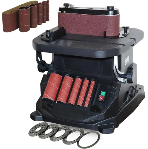 Oscillating Spindle Sander, 450W Vertical, 0-45° Belt Tilting Table, 2850 RPM, Includes 5 Sanding Sleeves for Efficient Wood Grinding and Sanding