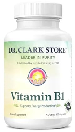Dr. Clark Vitamin B1 Thiamine 400mg Supplement -Thiamine B1 Supplement for Healthy Nervous System & Energy Metabolism, Gluten-Free, Dairy Free - 100 Gelatin Capsules