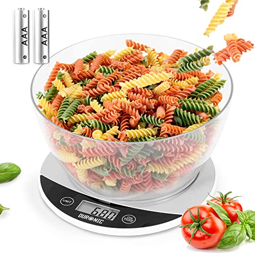 Duronic KS3000 Küchenwaage | 5 kg Digitalwaage rund mit 2 L abnehmbarer Schüssel | 1 g grammgenau Präzision-Feinwaage | Haushaltswaage mit Tara-Funktion | Digitale Waage mit Hold-Funktion | Zum Backen