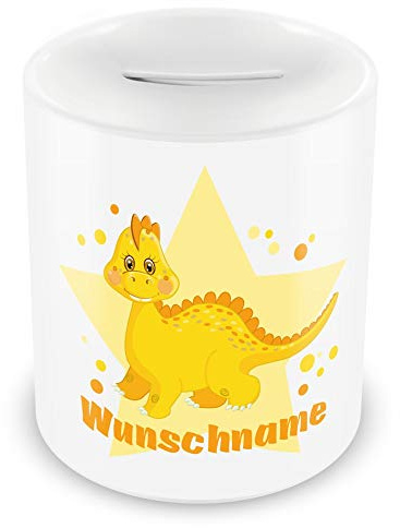 Samunshi® Kinder Spardose mit Namen und Gelber Dino als Motiv für Kinder - Jungen und Mädchen Sparschwein 330ml weiß