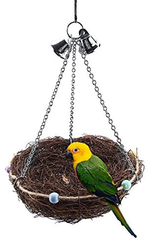 Smandy Vogelnest Rattan Birds Nest Vogel Bett-Schaukel Spielzeug mit 2 Metallglocken Vogelspielzeug für Papageien Wellensittiche Nymphensittiche Sittiche Finken Kakadus Aras