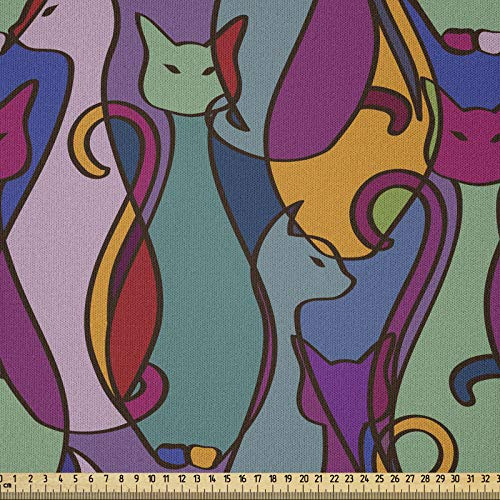 ABAKUHAUS Katze Stoff als Meterware, geometrische afrikanische, Microfaser Stoff für Dekoratives Basteln, 1M (230x100cm),Lila Teal