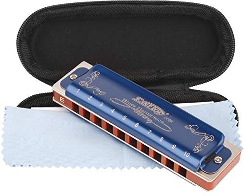 Easttop Professional Harmonica Blues Key of E 10 Hole 20 Tone Heavy Duty with Case & Cleaning Cloth for Professional Player, Beginner,Blue,Best Gift